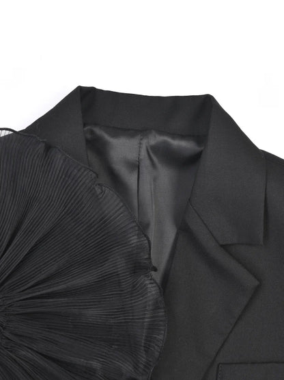 Women Black Organza Ruffles Big Size Blazer New Lapel Long Sleeve Loose Fit Jacket Fashion Spring Autumn