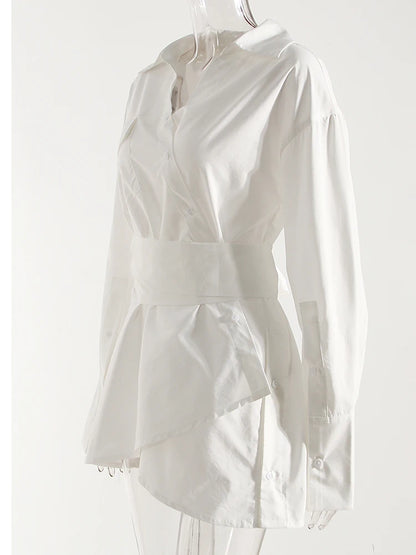 Women White Irregular Bandage Slit Shirt Dress New V-Neck Long Sleeve Loose Fit Fashion Tide Spring Autumn