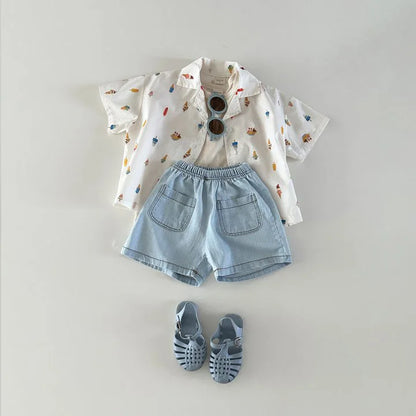 Set  Denim Suit Short-sleeved