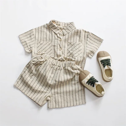 Striped Outfits Cotton Linen Shorts 2pcs