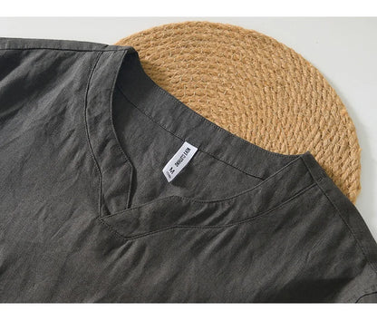 Summer New 100% Linen Short Sleeve T Shirt for Men Casual Thin Solid Color Slim Men Clothing