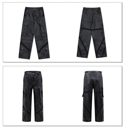 Cool Black Baggy Pu Leather Wide Leg Cargo Pants