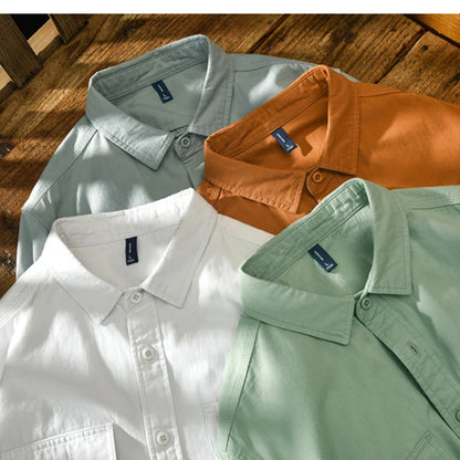 Spring and Autumn Long Sleeve Cargo White Shirts for Men Clothing Pure Cotton Retro Style Button Up Pocket  Streetwear