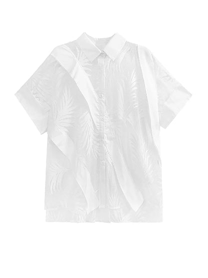 Lace Perspective Big Size Blouse New Lapel Half Sleeve Loose Fit Shirt Fashion Tide Spring Summer
