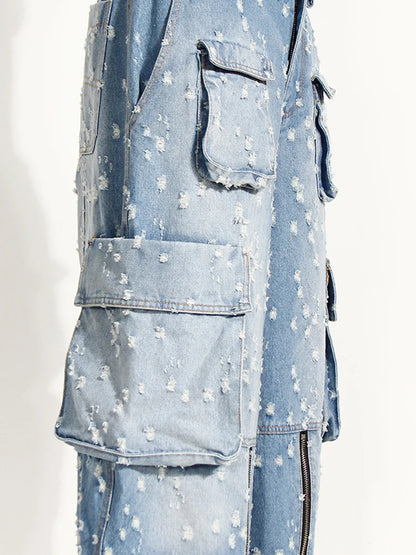 Waist Blue Denim Holes Big Pocket Wide Leg Wide Leg Jeans New Women Trousers