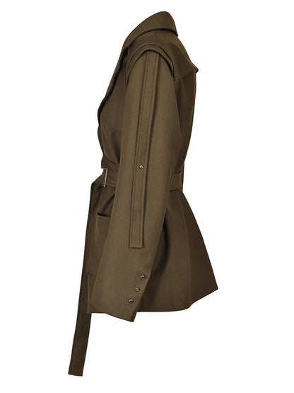 Brown Pocket Belted Blazer Women Big Size