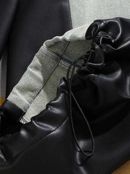 High Waist Black Color-block Leather Denim Long Wide Leg Jeans New Loose Women Trousers Fashion Spring Autumn