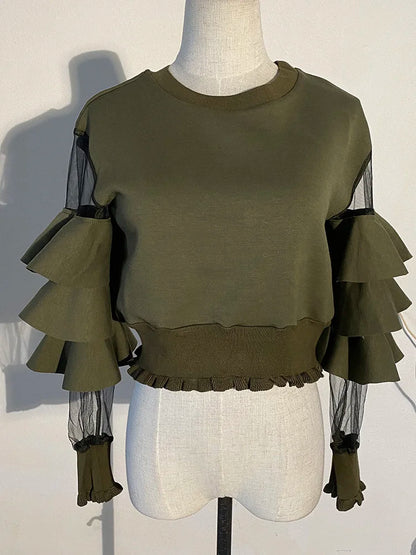 Loose Fit Green Mesh Ruffles Sweatshirt New Round Neck Long Sleeve Women Big Size