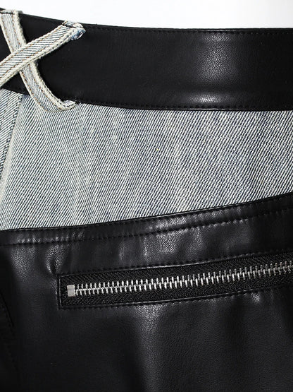 High Waist Black Color-block Leather Denim Long Wide Leg Jeans New Loose Women Trousers Fashion Spring Autumn