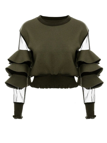 Loose Fit Green Mesh Ruffles Sweatshirt New Round Neck Long Sleeve Women Big Size