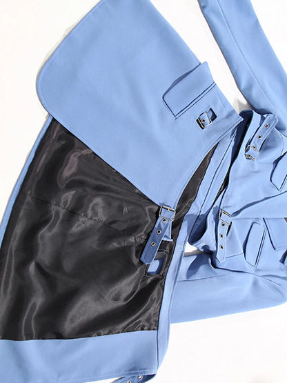 Women Blue Cross Buckle Hollow Out Blazer Dress New Lapel Long Sleeve Loose Fit Fashion Tide Spring Autumn