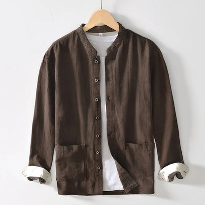 Spring Fall Chinese Style Luxury Good Quality Ramie Shirts For Men Breathable Skin Friendly Long Sleeve Stand Collar Blouse
