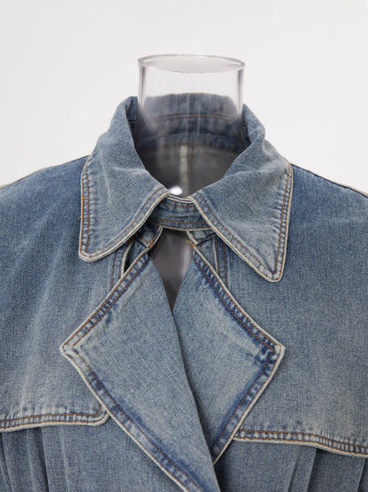 Women Blue Denim Big Size Long Trench New Lapel Long Sleeve Loose Fit Windbreaker Fashion Tide Spring Autumn