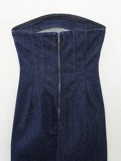 Strapless Backless Zipper Split Dress Party Blue Denim Female Long Dress for Women Summer Evening Dresses