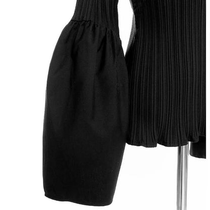 Women Black Pleated Stitch Big Size T-shirt New Round Neck Long Flare Sleeve  Fashion Tide  Spring Autumn