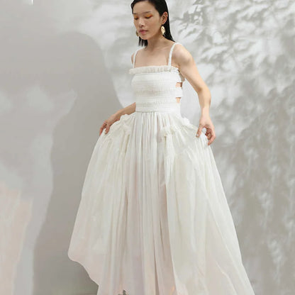 New Summer Strapless Back Hollow Out Square Pleated Slim Big Hem White Temperament Dress Women Fashion