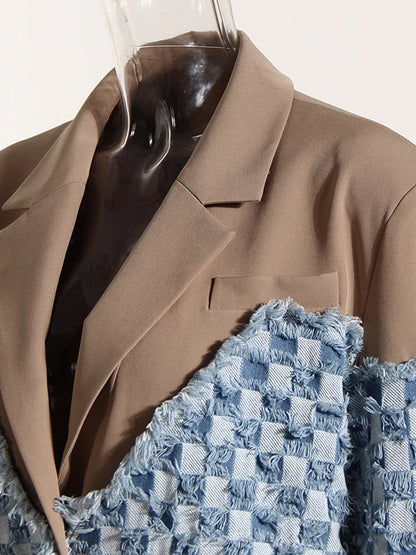 Denim Color-block Blazer New Lapel Long Sleeve Loose Fit Jacket