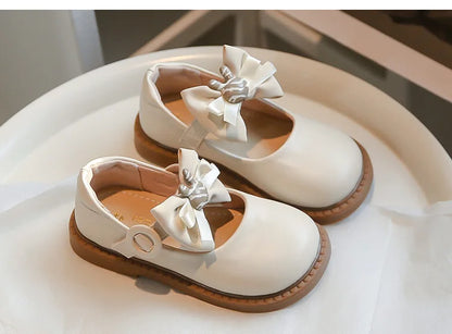 Leather Shoes Versatile Soft Round-toe Hook & Loop Bow Bunny