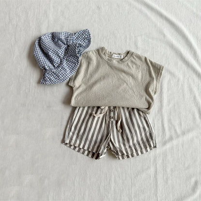 Vintage Linen Cotton Baby Boys Stripe Shorts Casual Buttons Pocket Design Baby Short Pants for Toddler Girls Clothing 0-24M