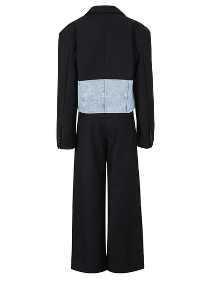 New Big Size Blazer Denim Wide Leg Pants Two Piece Suit