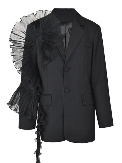 Women Black Organza Ruffles Big Size Blazer New Lapel Long Sleeve Loose Fit Jacket Fashion Spring Autumn