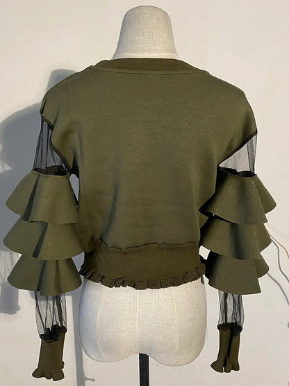 Loose Fit Green Mesh Ruffles Sweatshirt New Round Neck Long Sleeve Women Big Size