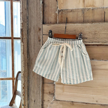 Vintage Linen Cotton Baby Boys Stripe Shorts Casual Buttons Pocket Design Baby Short Pants for Toddler Girls Clothing 0-24M