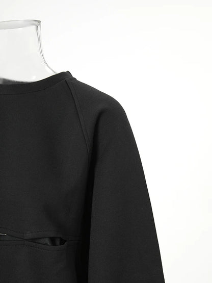 Loose Fit Black Hollow Out Sweatshirt New Round Neck  Women Big Size