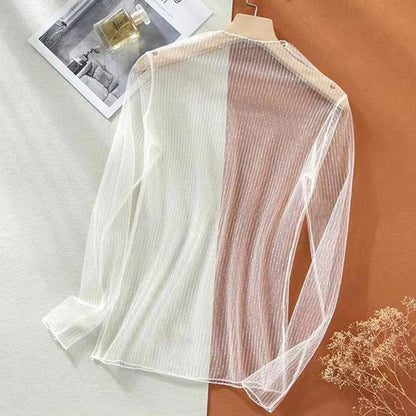 Women Sexy Mesh  Top Long Sleeve Shine Rhinestone Fashion T-Shirts Summer Beach