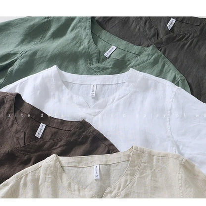 Summer New 100% Linen Short Sleeve T Shirt for Men Casual Thin Solid Color Slim Men Clothing
