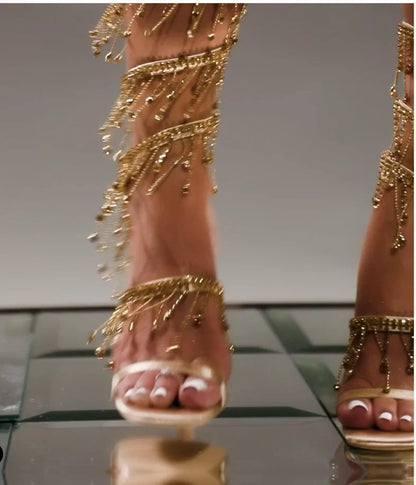 Rhinestone String Bead Ankle Strap  Heels