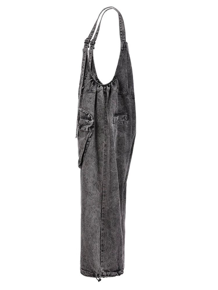 High Waist Blue Pocket Big Size Denim Overalls Trousers New Loose Fit Pants Women Fashion Tide Spring Autumn 2024 1K16401