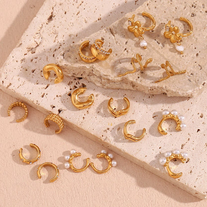 Double Layered Three Row Bead C-shaped Pearl Wave Checkered Snake Tangent Plane Stainless Steel Gold Color Ear Clip