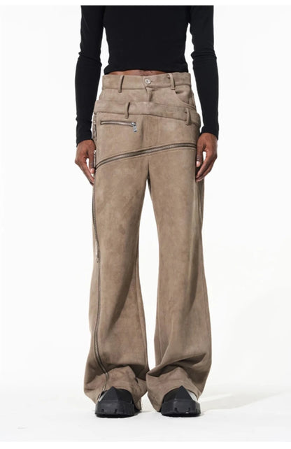 Cool  Khaki Stretchy Suede Faux Leather Pants  Luxury Designer