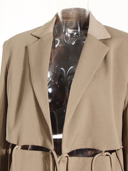 Women Khaki Bandage Hollow Out Casual Blazer New Lapel Long Sleeve Loose Fit Jacket Fashion Spring Autumn