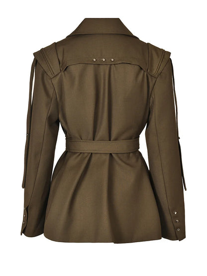 Brown Pocket Belted Blazer Women Big Size