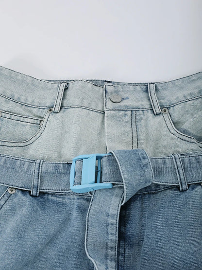 Spliced Denim Belt Personality Wide Leg Jeans High Waist New Women Trousers Fashion Tide Spring Autumn