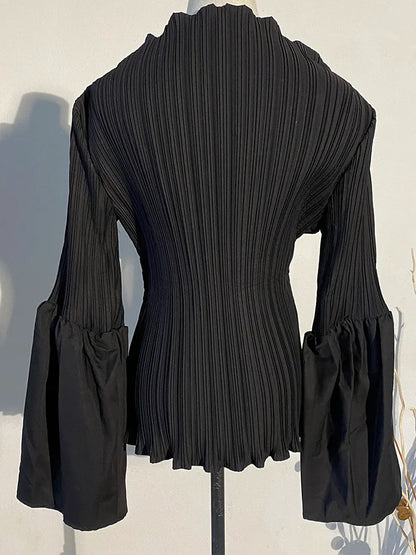 Women Black Pleated Stitch Big Size T-shirt New Round Neck Long Flare Sleeve  Fashion Tide  Spring Autumn