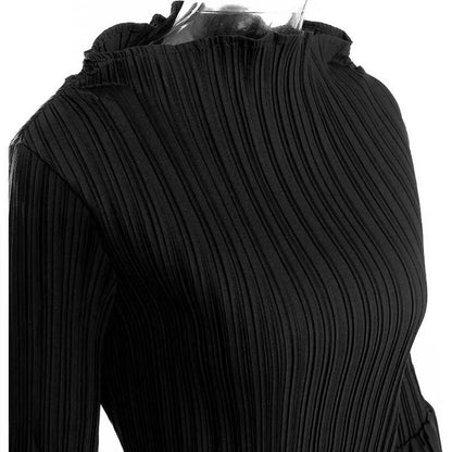 Women Black Pleated Stitch Big Size T-shirt New Round Neck Long Flare Sleeve  Fashion Tide  Spring Autumn