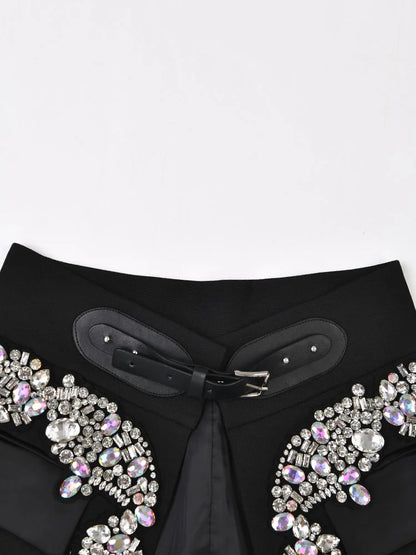Irregular Rhinestones Belted Mini Half-body Skirt High Waist Women Fashion Tide New Spring Autumn