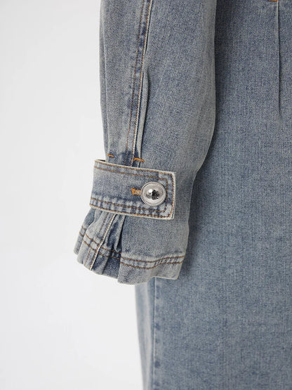 Women Blue Denim Big Size Long Trench New Lapel Long Sleeve Loose Fit Windbreaker Fashion Tide Spring Autumn