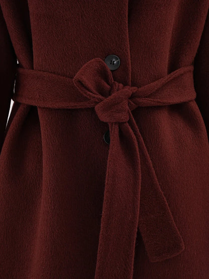 Red Belted Long Thick Woolen Coat