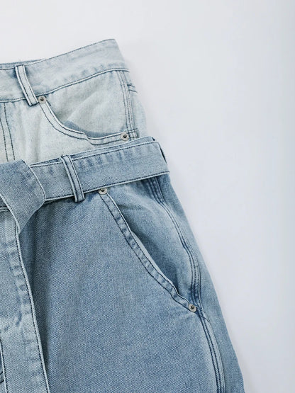 Spliced Denim Belt Personality Wide Leg Jeans High Waist New Women Trousers Fashion Tide Spring Autumn