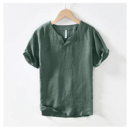 Summer New 100% Linen Short Sleeve T Shirt for Men Casual Thin Solid Color Slim Men Clothing