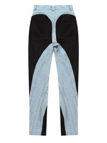 Blue Color-block Pockets Long Pencil Jeans