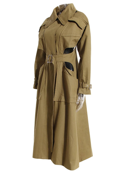 Women Army Green Waist Hollow Out Long Trench New Lapel Long Sleeve Windbreaker Fashion Tide Spring Autumn