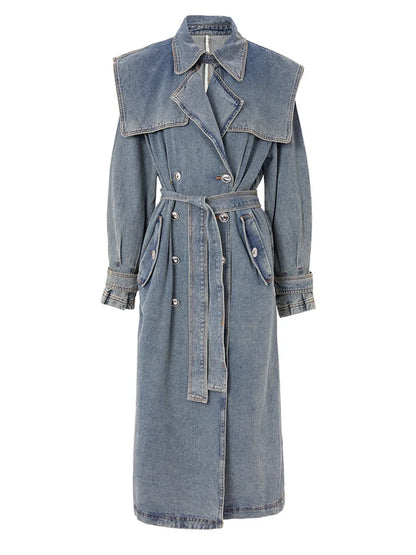 Women Blue Denim Big Size Long Trench New Lapel Long Sleeve Loose Fit Windbreaker Fashion Tide Spring Autumn