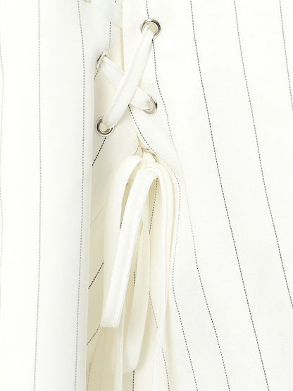Women Beige Striped String Bandage Elegant Blazer