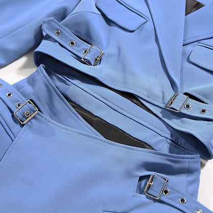 Women Blue Cross Buckle Hollow Out Blazer Dress New Lapel Long Sleeve Loose Fit Fashion Tide Spring Autumn