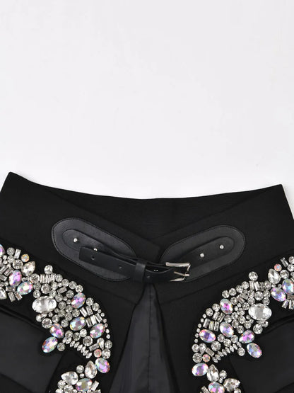 Irregular Rhinestones Belted Mini Half-body Skirt High Waist Women Fashion Tide New Spring Autumn